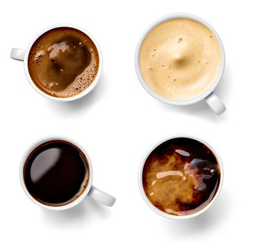 close up of a various coffee in cup on white background