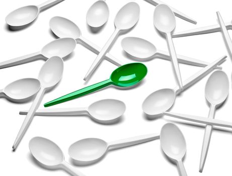 close up of plastic cutlery spoon, fork, knife on white background