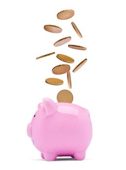 Close up of a pink piggy bank on white background