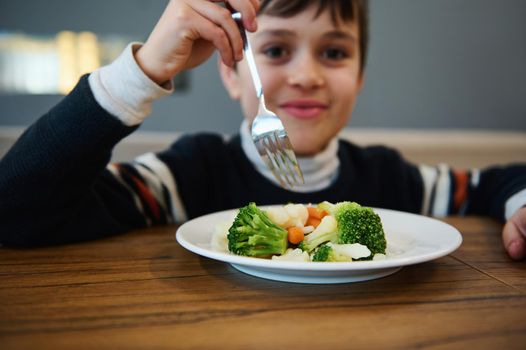 Focus on steamed vegetables, healthy vegan food served in white plate and blurred adorable boy holding fork and smiling looking at camera during lunch in cafeteria