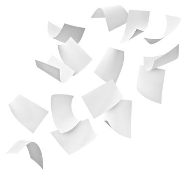 close up of flying papers on white background