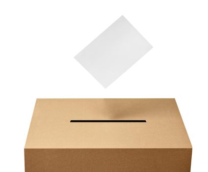 close up of a ballot box and flying papers casting vote on white background