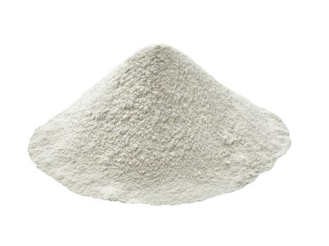 Close up of a pile of white flour powder on white background