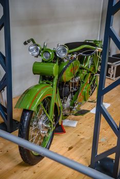 SINSHEIM, GERMANY - MAI 2022: green motorbike motorcycle Harley Davidson Type J 1929 23ps