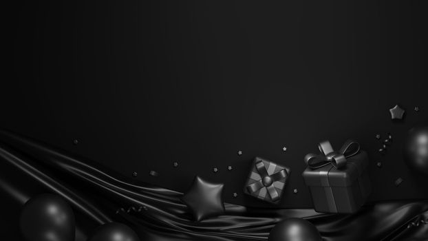 Black friday sale banner concept design of gift box and balloon on black background 3D render