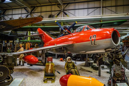 SINSHEIM, GERMANY - MAI 2022:red soviet jet fighter aircraft Mikoyan-Gurevich MiG-15 Type 14 Fagot 1947