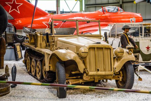 SINSHEIM, GERMANY - MAI 2022: sand military Demag Sd.Kfz. 10 Sonderkraftfahrzeug special motorized vehicle WW2 1939 100ps with canon 3rd reich nazi Germany
