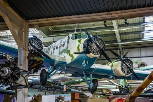 SINSHEIM, GERMANY - MAI 2022: transport medium bomber aircraft Junkers JU 52 3m Tante Aunt Ju Iron Annie 1930 WW2 3rd reich nazi Germany Luftwaffe