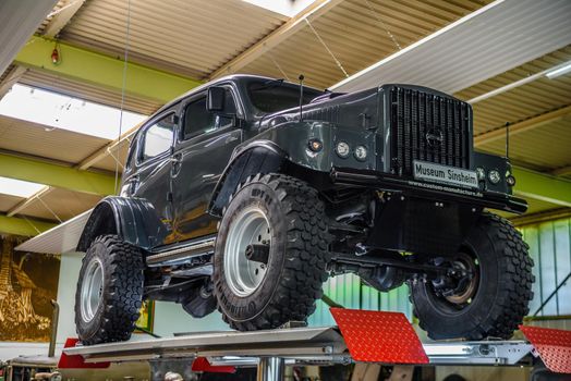 SINSHEIM, GERMANY - MAI 2022: dark gray military truck Volvo TP 21 Special Conversion 1956 348ps