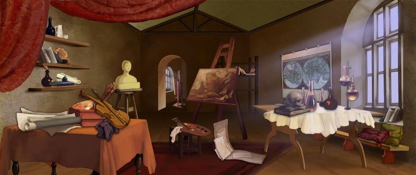 Interior of Leonardo da Vinci workshop. Digital Painting Background, Illustration.