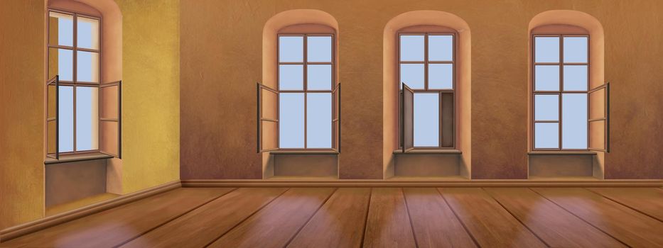 Empty room interior in retro style. Digital Painting Background, Illustration.