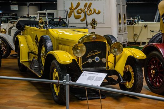 SINSHEIM, GERMANY - MAI 2022: yellow Laurin Klement Doppelphaeton 1916 cabrio 50ps