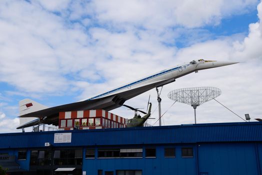 SINSHEIM, GERMANY - MAI 2022: white blue Tupolev Tu-144 Soviet supersonic passenger airliner 1968