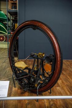 SINSHEIM, GERMANY - MAI 2022: wooden unicycle motorcycle 1894.