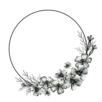 Cute Wreath with Flowers, Leaves and Branches Drawn by Colored Pencils. Hand Drawn Circle Frame for Your Text on White Background.