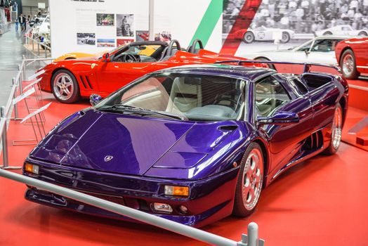 SINSHEIM, GERMANY - MAI 2022: violet purple Lamborghini Diablo VT Roadster 1998 530ps sports car