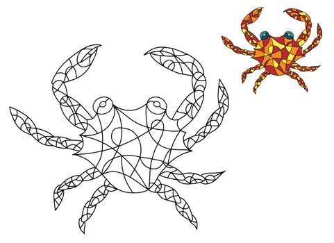 Black and White and Colored Illustration in stained glass style with abstract Crab. Image for Coloring Book, Coloring Page, Print, Batik and Window.