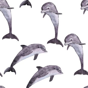 Hand drawn watercolor seamless pattern with dolphin. Sea ocean marine animal, nautical underwater endangered mammal species. Blue gray illustration for fabric nursery decor, under the sea prints
