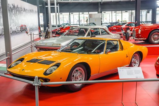 SINSHEIM, GERMANY - MAI 2022: yellow Lamborghini Miura P 400 S 1970 370ps sports car