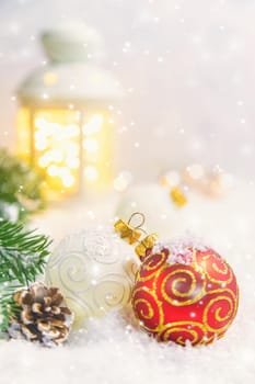 Christmas background and beautiful decor. New Year. Selective focus. Holiday.