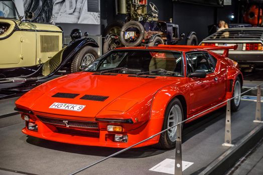 SINSHEIM, GERMANY - MAI 2022: red De Tomaso Pantera GTS 1984 300ps racing car