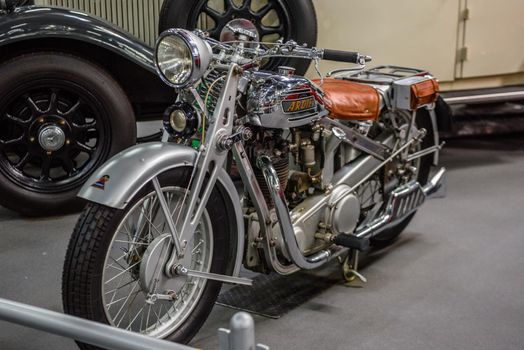 SINSHEIM, GERMANY - MAI 2022: silver motorbike motorcycle Ardie SS 31 Silverpfeil 1932 18ps