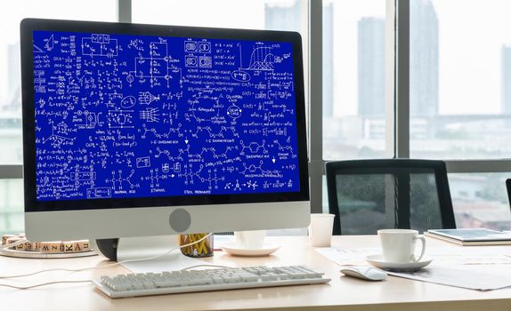 Mathematic equations and modish formula on computer screen showing concept of science and education