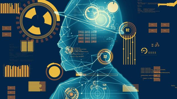 Abstract design of gears in inventive human head outline showing concept of engineering, consciousness, artificial intelligence and technology.