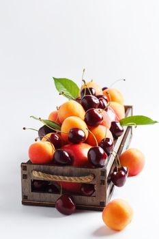 apricots and cherries in a box on a white background.Copy space