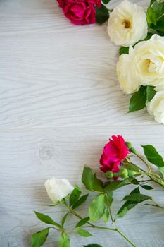 beautiful background of many red roses on a light wooden