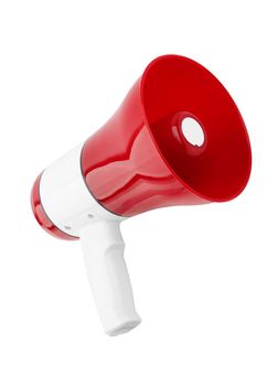 Red megaphon isolated on white background. Loudspeaker for comminacation and call to action.