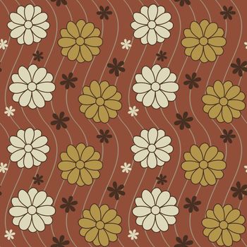 Brown, ivory, and tan daisies against a muted red background with swirl lines. Seamless repeating vector pattern.