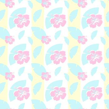 Pastel pink hibiscus flowers and blue palm leaves on a yellow and white striped background. Seamless repeating vector background.