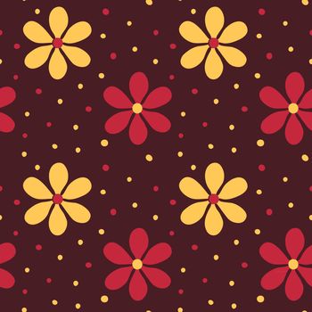 Retro 1970s-style flowers and dots on a brown background. Seamless repeating vector background.