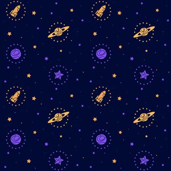 Orange and purple stars, planets, and rocketships on a navy blue background. Seamless repeating background.