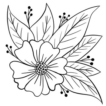 Hand drawn floral flower leaves illustration, black white elegant wedding ornament, Line art minimalism tatoo style design summer spring nature branch foliage blossom