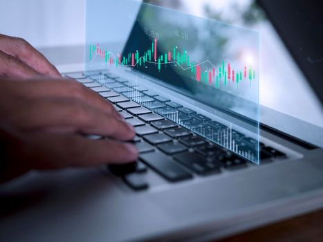 Businessman show stock market bar chart grow up to target. Business finance concept. Businessman's hands Show success graph, stocks grow every year and set goals