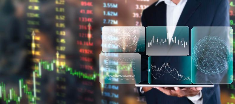 Hand of businessman holding tablet analysis stock market graph growth and increase of chart positive indicators. Hand holding tablet show stock chart on light gray background. copy space banner