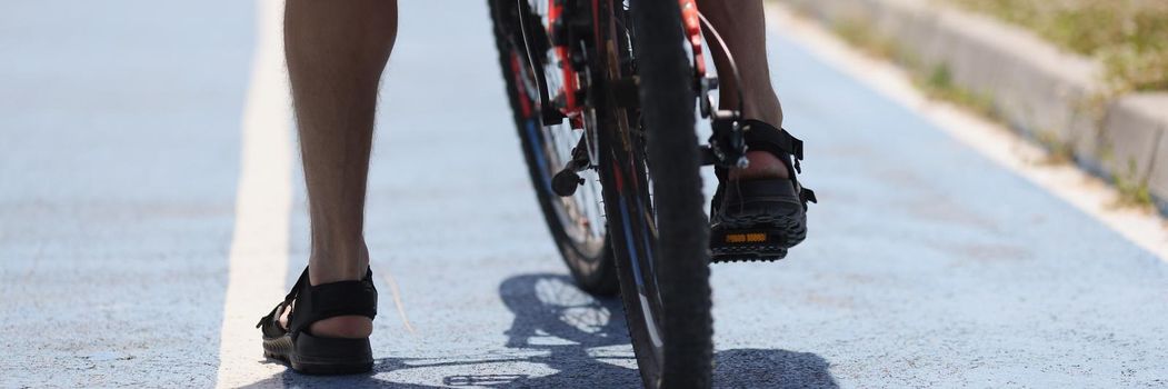 Cyclist legs on the asphalt, bike stop, rear view, close-up. Summer sports competition, cycling race, active lifestyle