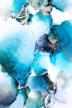 Blue silver abstract background of marble liquid ink art painting on paper . Image of original artwork watercolor alcohol ink paint on high quality paper texture .