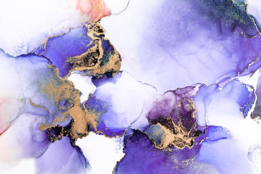 Purple gold abstract background of marble liquid ink art painting on paper . Image of original artwork watercolor alcohol ink paint on high quality paper texture .