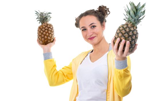 beautiful young woman with pineapple isolated on white