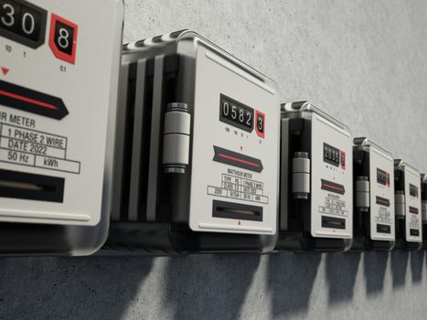 Rows of electricity meters on the wall. 3D illustration.