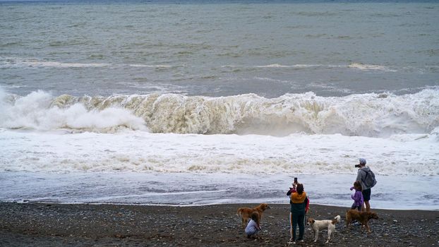 Coast of the Black Sea. Storm. High sea waves rise above the horizon