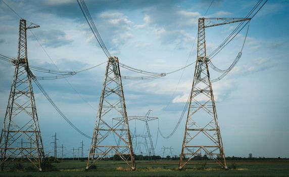 high voltage power line. high voltage lines. electricity transmission. high-voltage pylon building