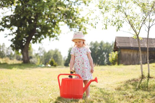 A little cute baby girl 3-4 years old in a dress watering the plants from a watering can in the garden. Kids having fun gardening on a bright sunny day. Outdoor activity children.