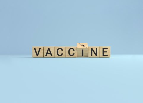 Wooden cube block flip over word vaccine to syringe icon on blue studio background. healthcare concept. 3D rendering.