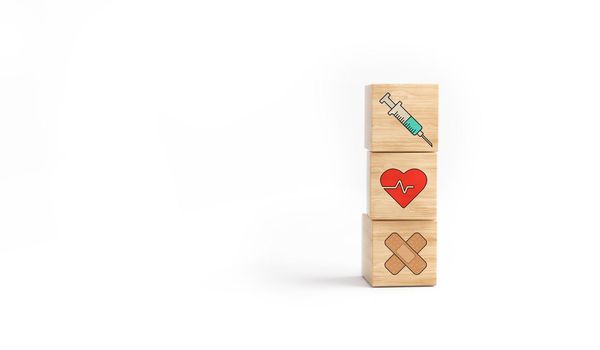 Wooden cube block tower with healthcare icon syringe, health and band on white background. vaccine concept. 3D rendering.