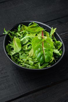 Herb green salad with arugula and Mangold, Swiss chard set, on black wooden table background