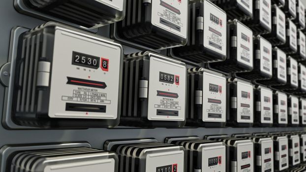 Rows of electricity meters on the wall. 3D illustration.